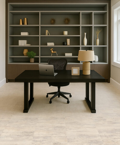 Ivory Concrete Swiss Linodesign Floating Flooring In A Stylish Home Office, Demonstrating A Waterproof, Durable Surface Perfect For Basement And High-Traffic Areas.