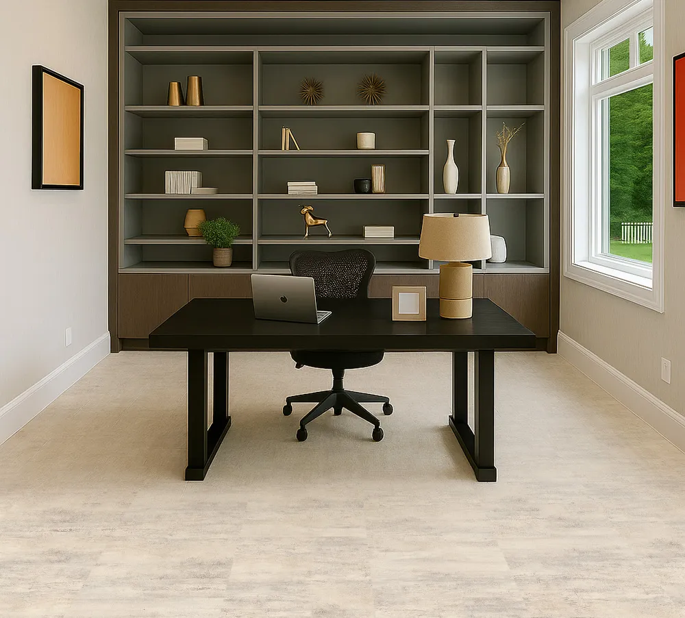 Ivory Concrete Swiss Linodesign Floating Flooring In A Stylish Home Office, Demonstrating A Waterproof, Durable Surface Perfect For Basement And High-Traffic Areas.
