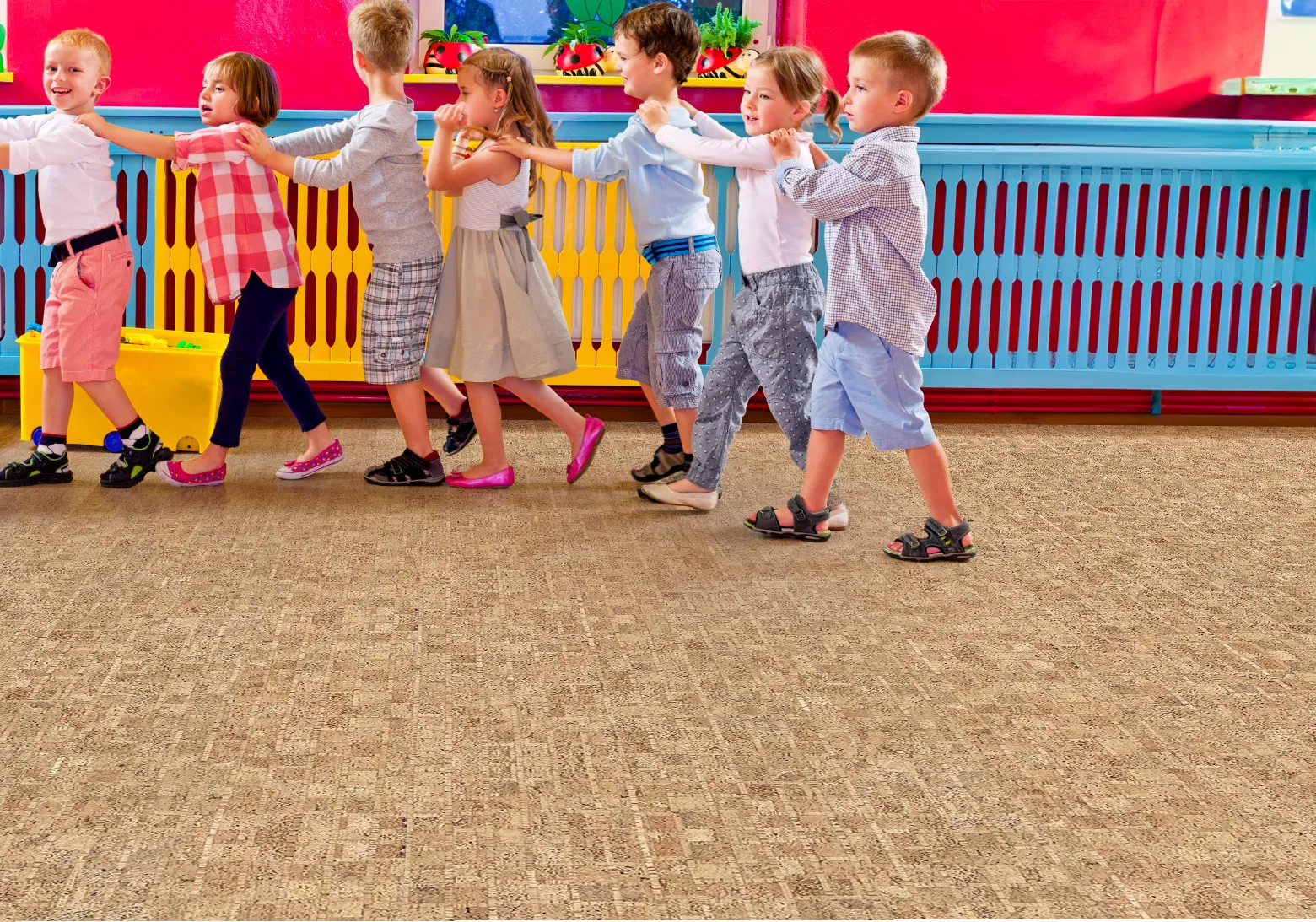 Joyful Daycare Children Enjoying Their Walk On Parcork Cork Flooring
