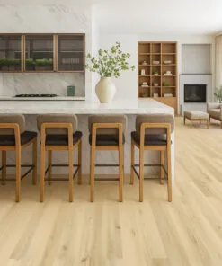 Open kitchen and dining area with Lucerne Glow Pinewood Swiss Design cork flooring in a natural blonde hue and modern interior style.
