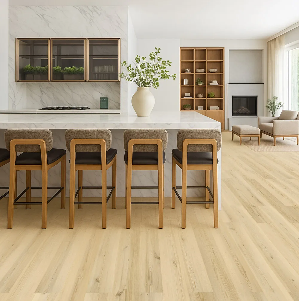 Pinewood 7/16_ (11Mm) Swiss Design Cork Floating (Fpinwo11) Open Kitchen And Dining Area With Lucerne Glow Pinewood Swiss Design Cork Flooring In A Natural Blonde Hue And Modern Interior Style.