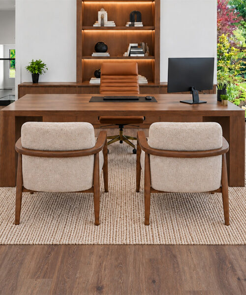 Latte - 7/16&Quot; (11Mm) - Swiss Design Cork Floating (Flat11) Sustainable Latte Cork Flooring With Warm Brown Wood Grain In A Luxury Living Room Featuring White Sofas And Geometric Coffee Tables.