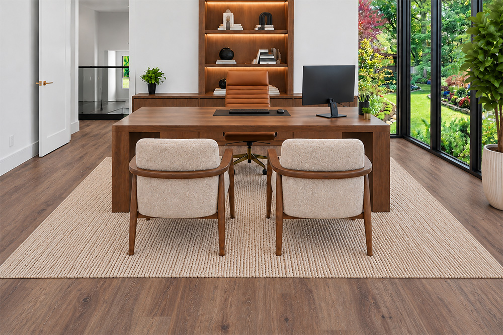 Latte - 7/16&Quot; (11Mm) - Swiss Design Cork Floating (Flat11) Sustainable Latte Cork Flooring With Warm Brown Wood Grain In A Luxury Living Room Featuring White Sofas And Geometric Coffee Tables.