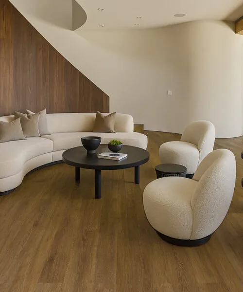 Latte - 7/16&Quot; (11Mm) - Swiss Design Cork Floating (Flat11) Modern Living Room With Latte Swiss Cork Floating Flooring, Cream Furniture, Fireplace, And Contemporary Décor.
