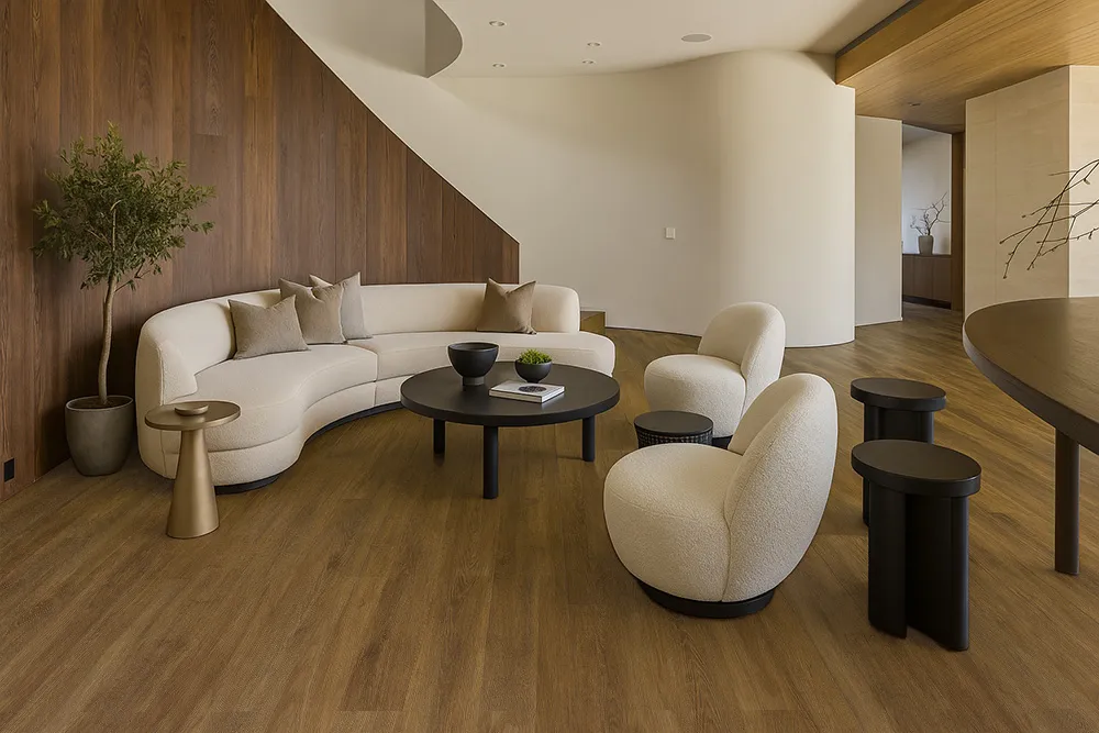 Latte - 7/16&Quot; (11Mm) - Swiss Design Cork Floating (Flat11) Modern Living Room With Latte Swiss Cork Floating Flooring, Cream Furniture, Fireplace, And Contemporary Décor.