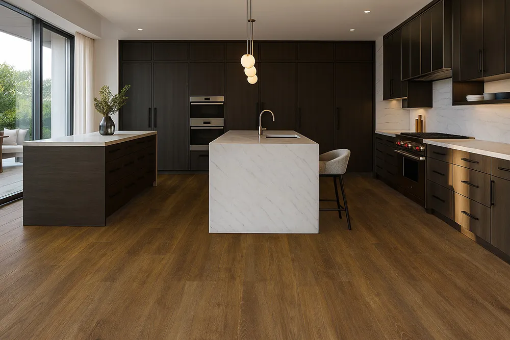 Latte - 7/16&Quot; (11Mm) - Swiss Design Cork Floating (Flat11) Luxury Kitchen With Latte Swiss Cork Floating Flooring, Dark Cabinets, Marble Island, And Warm Natural Lighting