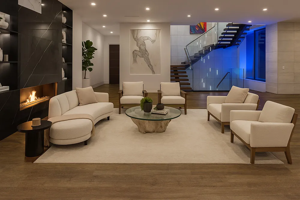 Latte - 7/16&Quot; (11Mm) - Swiss Design Cork Floating (Flat11) Contemporary Family Room Featuring Latte Swiss Cork Floating Flooring, Curved Sofa, Soft Beige Chairs, And Wood Accent Wall.