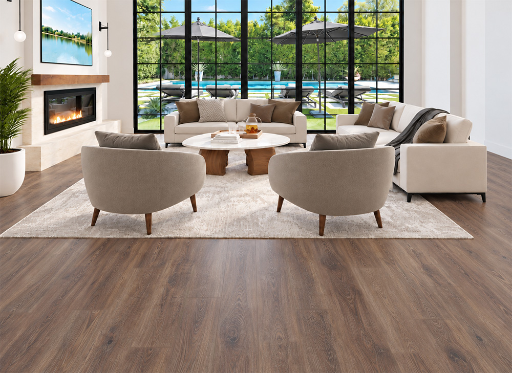 Latte - 7/16&Quot; (11Mm) - Swiss Design Cork Floating (Flat11) Warm Brown Latte Hardwood-Look Cork Flooring In A Bright Living Room With Cream Seating, A Modern Fireplace, And Outdoor Pool Views.