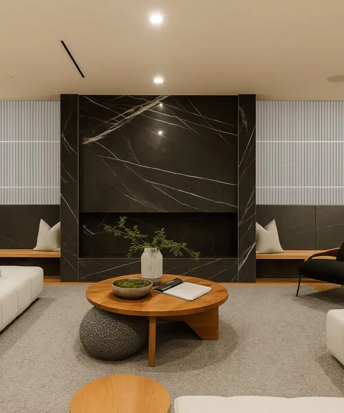 Slatwall Perla 43/64” (17Mm) 3D Acoustic Cork Wall Panels (Wswp17) Contemporary Lounge With Slatwall Perla Cork Wall Panels Framing A Dark Marble Fireplace, Showcasing Luxury And Warmth.