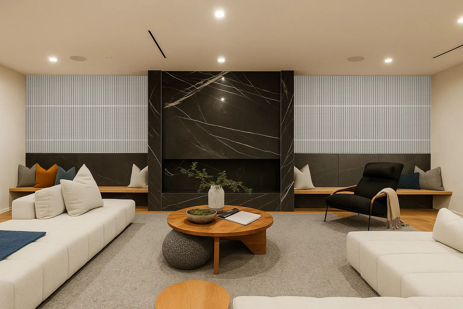 Slatwall Perla 43/64” (17Mm) 3D Acoustic Cork Wall Panels (Wswp17) Contemporary Lounge With Slatwall Perla Cork Wall Panels Framing A Dark Marble Fireplace, Showcasing Luxury And Warmth.