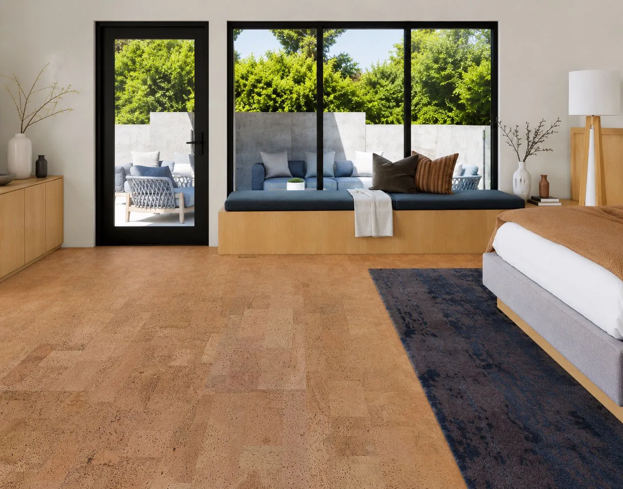 Leather - 1/2&Quot; (12Mm) - Cork Floating (Fle12) Leather Natural 12Mm Cork Floating Flooring In A Modern Bedroom With A Window Seat, Black Framed Windows, And Warm Natural Cork Floors.
