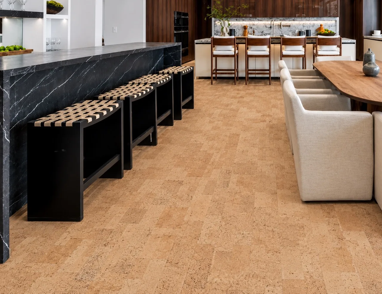 Leather - 1/4&Quot; (6Mm) - Cork Glue Down Tile (Gle6) Leather Natural 12Mm Cork Floating Flooring In A Luxury Kitchen With Black Marble Island, Wood Cabinetry, And Bar Seating.