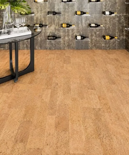 Leather - 1/4&Quot; (6Mm) - Cork Glue Down Tile (Gle6) Leather Natural 12Mm Cork Floating Flooring Installed In A Luxury Wine Cellar With Stone Walls And Modern Wine Storage.