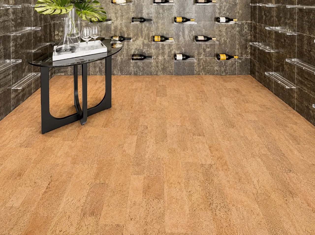 Leather - 1/4&Quot; (6Mm) - Cork Glue Down Tile (Gle6) Leather Natural 12Mm Cork Floating Flooring Installed In A Luxury Wine Cellar With Stone Walls And Modern Wine Storage.