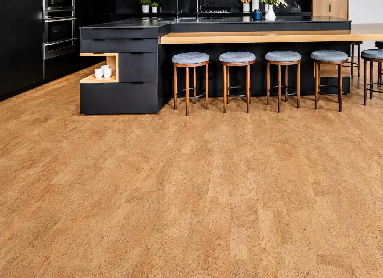 Leather - 1/4&Quot; (6Mm) - Cork Glue Down Tile (Gle6) Leather Natural 12Mm Cork Floating Flooring In A Modern Black Kitchen With A Large Island And Wood Accents.