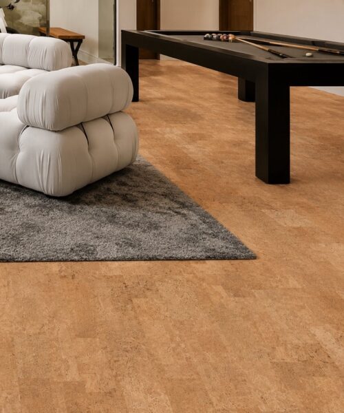 Leather Natural 12Mm Cork Floating Flooring In A Modern Game Room With A Pool Table And Contemporary Lounge Furniture.