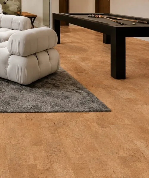 Leather - 1/4&Quot; (6Mm) - Cork Glue Down Tile (Gle6) Leather Natural 12Mm Cork Floating Flooring In A Modern Game Room With A Pool Table And Contemporary Lounge Furniture.