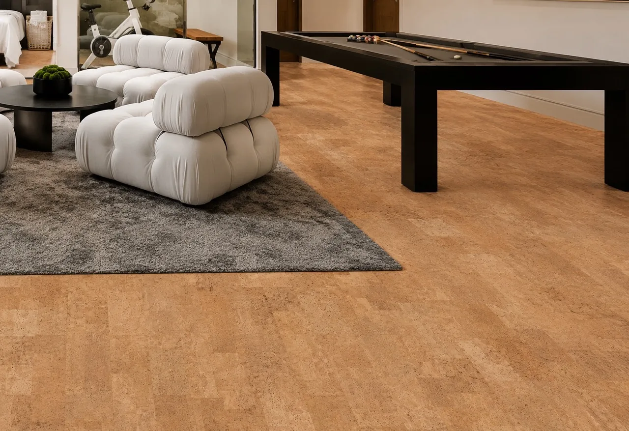 Leather - 1/4&Quot; (6Mm) - Cork Glue Down Tile (Gle6) Leather Natural 12Mm Cork Floating Flooring In A Modern Game Room With A Pool Table And Contemporary Lounge Furniture.