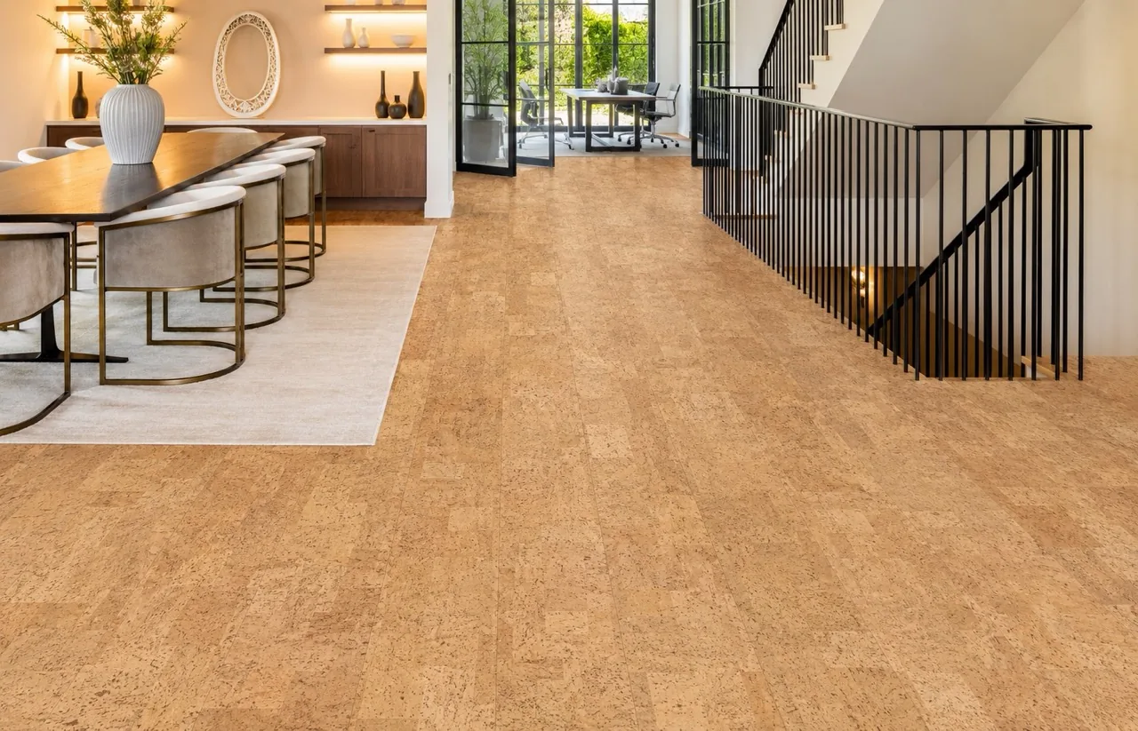 Leather - 1/4&Quot; (6Mm) - Cork Glue Down Tile (Gle6) Leather Natural 12Mm Cork Floating Flooring In An Open Concept Dining Room With Staircase And Floor-To-Ceiling Windows.