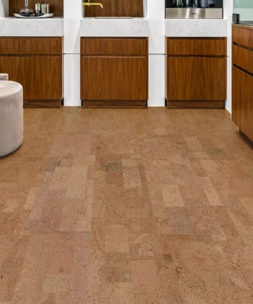 Leather - 1/4&Quot; (6Mm) - Cork Glue Down Tile (Gle6) Leather Natural 12Mm Cork Floating Flooring In A Luxury Walnut Kitchen With Marble Countertops And Custom Cabinetry.