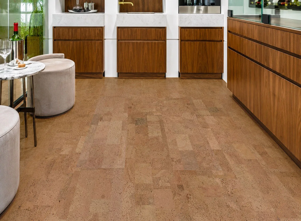 Leather - 1/4&Quot; (6Mm) - Cork Glue Down Tile (Gle6) Leather Natural 12Mm Cork Floating Flooring In A Luxury Walnut Kitchen With Marble Countertops And Custom Cabinetry.