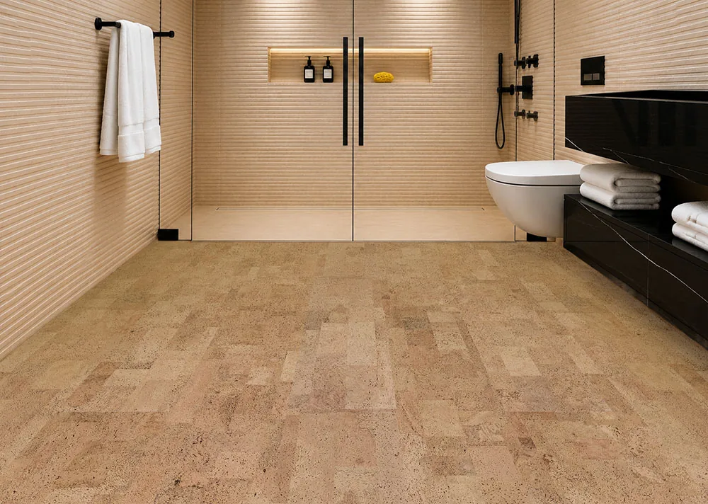 Leather - 1/4&Quot; (6Mm) - Cork Glue Down Tile (Gle6) Leather Natural 6Mm Glue-Down Cork Tile Flooring In A Luxury Bathroom With A Frameless Glass Shower, Modern Black Vanity, And Sealed Natural Cork Floor.