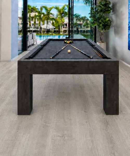 Light Grey Oak - 13/32&Quot; (10.5Mm) - Design Cork Floating (Flg10.5) Light Grey Oak Cork Floating Flooring In A Modern Game Room With A Pool Table And Glass Walls