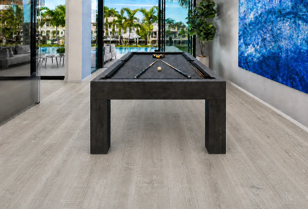 Light Grey Oak - 13/32&Quot; (10.5Mm) - Design Cork Floating (Flg10.5) Light Grey Oak Cork Floating Flooring In A Modern Game Room With A Pool Table And Glass Walls