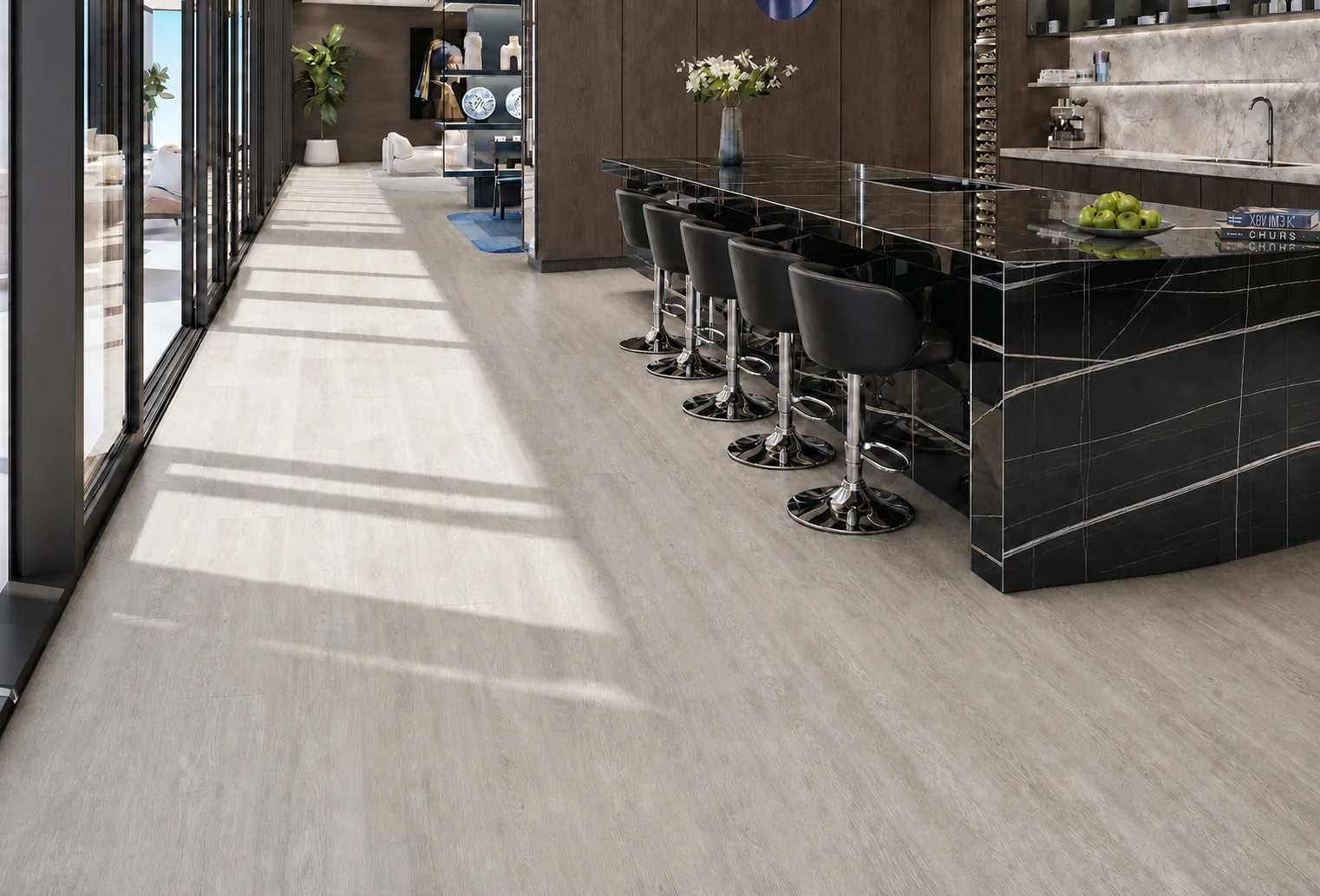 Light Grey Oak - 13/32&Quot; (10.5Mm) - Design Cork Floating (Flg10.5) Light Grey Oak Cork Flooring In A Modern Kitchen With A Black Marble Island And Bar Seating