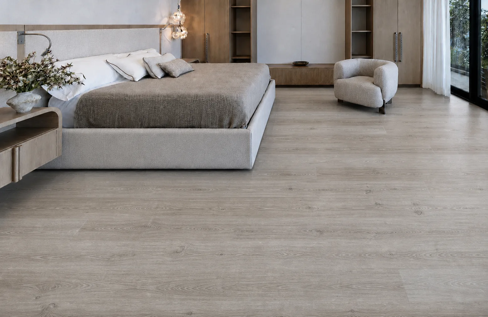 Light Grey Oak - 13/32&Quot; (10.5Mm) - Design Cork Floating (Flg10.5) Light Grey Oak-Grain Cork Plank Flooring In A Contemporary Neutral-Toned Bedroom