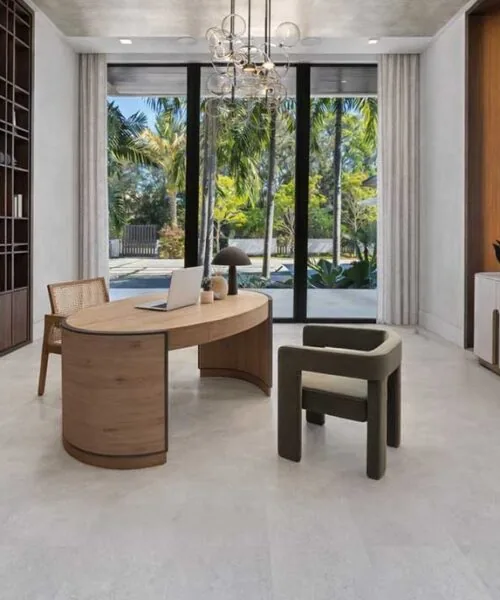 ght Slate Swiss Design Cork Flooring installed in a bright modern home office with natural wood furniture