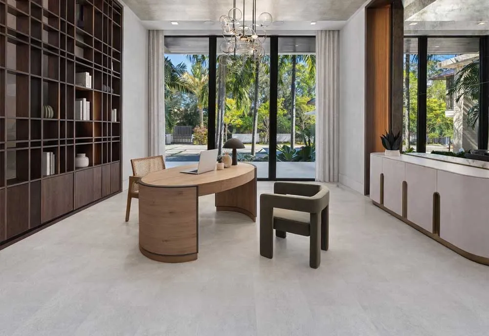 Light Slate - 7/16&Quot; (11Mm) - Swiss Design Cork Floating (Flgs11) Ght Slate Swiss Design Cork Flooring Installed In A Bright Modern Home Office With Natural Wood Furniture