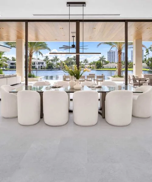 Light Slate - 7/16&Quot; (11Mm) - Swiss Design Cork Floating (Flgs11) Light Slate Swiss Design Cork Flooring Installed In A Modern Waterfront Dining Room With Floor-To-Ceiling Windows