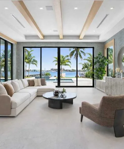 Light Slate - 7/16&Quot; (11Mm) - Swiss Design Cork Floating (Flgs11) Light Slate Swiss Design Cork Flooring In A Luxury Modern Living Room With Large Glass Doors