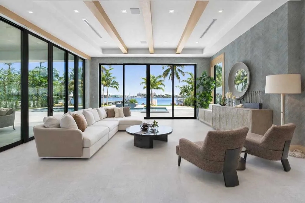 Light Slate - 7/16&Quot; (11Mm) - Swiss Design Cork Floating (Flgs11) Light Slate Swiss Design Cork Flooring In A Luxury Modern Living Room With Large Glass Doors