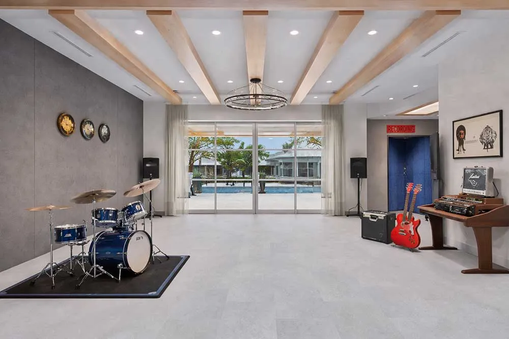 Light Slate - 7/16&Quot; (11Mm) - Swiss Design Cork Floating (Flgs11) Light Slate Swiss Design Cork Flooring Installed In A Modern Music Studio With Drum Set