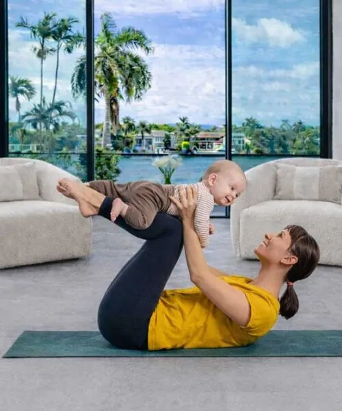 Light Slate - 7/16&Quot; (11Mm) - Swiss Design Cork Floating (Flgs11) Light Slate Swiss Design Cork Flooring In A Wellness Room With Mother Practicing Yoga With Baby