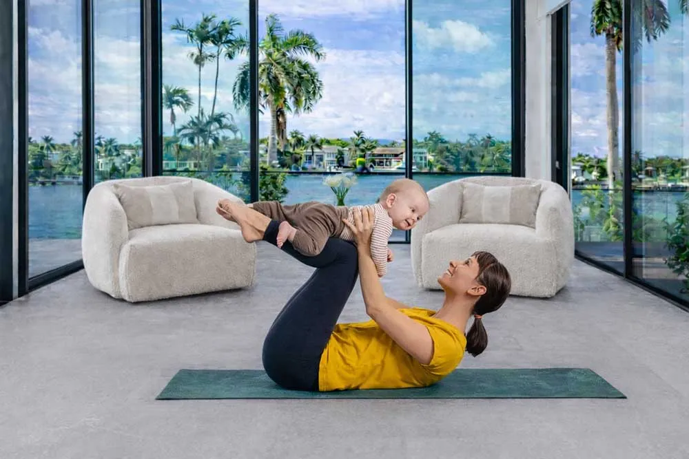 Light Slate - 7/16&Quot; (11Mm) - Swiss Design Cork Floating (Flgs11) Light Slate Swiss Design Cork Flooring In A Wellness Room With Mother Practicing Yoga With Baby