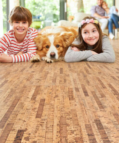 Linea Dark - 7/16&Quot; (11Mm) - Swiss Real Cork Floating (Flin11) Family-Friendly Living Space With Children And Dog Enjoying Linea Dark Swiss Real Cork Floating Flooring'S Comfort And Warmth.