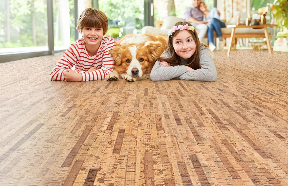 Family-Friendly Living Space With Children And Dog Enjoying Linea Dark Swiss Real Cork Floating Flooring'S Comfort And Warmth.