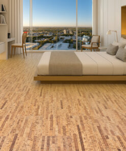 Linea Dark - 7/16&Quot; (11Mm) - Swiss Real Cork Floating (Flin11) Bright Modern Bedroom Featuring Linea Dark Swiss Real Cork Floating Flooring For A Quiet, Comfortable, And Natural Living Environment.