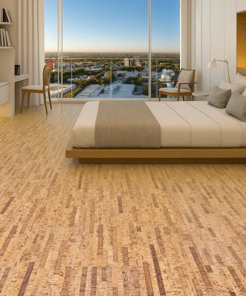 Linea Dark - 7/16&Quot; (11Mm) - Swiss Real Cork Floating (Flin11) Bright Modern Bedroom Featuring Linea Dark Swiss Real Cork Floating Flooring For A Quiet, Comfortable, And Natural Living Environment.