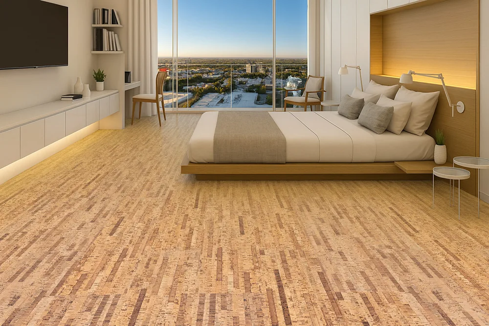 Linea Dark - 7/16&Quot; (11Mm) - Swiss Real Cork Floating (Flin11) Bright Modern Bedroom Featuring Linea Dark Swiss Real Cork Floating Flooring For A Quiet, Comfortable, And Natural Living Environment.