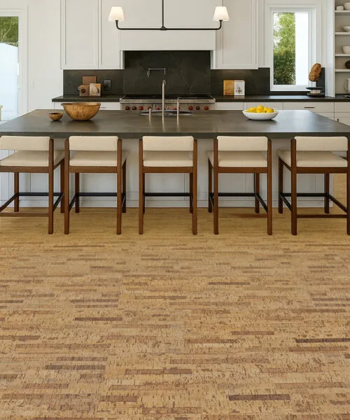 Linea Dark - 7/16&Quot; (11Mm) - Swiss Real Cork Floating (Flin11) Contemporary Kitchen With Black Cabinetry And Linea Dark Swiss Real Cork Floating Flooring For Warmth, Comfort, And Durability.