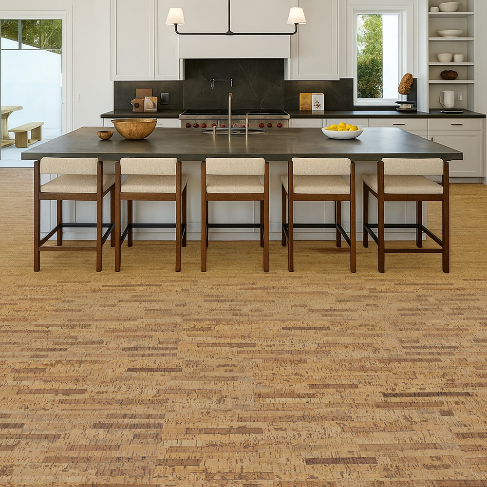Linea Dark - 7/16&Quot; (11Mm) - Swiss Real Cork Floating (Flin11) Contemporary Kitchen With Black Cabinetry And Linea Dark Swiss Real Cork Floating Flooring For Warmth, Comfort, And Durability.