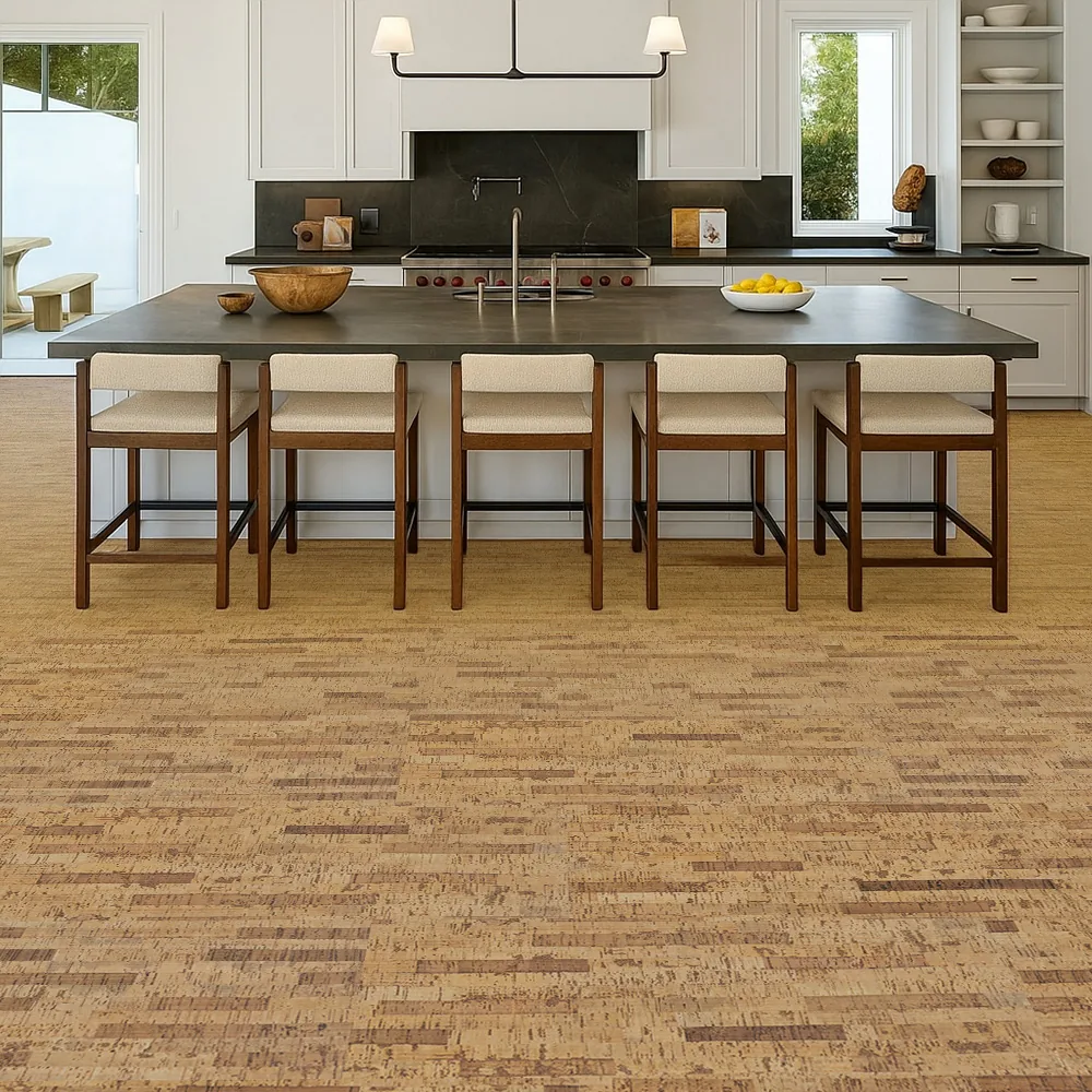 Linea Dark - 7/16&Quot; (11Mm) - Swiss Real Cork Floating (Flin11) Contemporary Kitchen With Black Cabinetry And Linea Dark Swiss Real Cork Floating Flooring For Warmth, Comfort, And Durability.