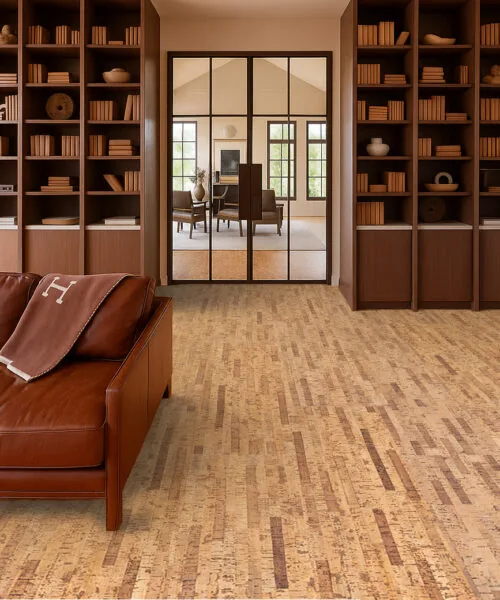 Linea Dark - 7/16&Quot; (11Mm) - Swiss Real Cork Floating (Flin11) Elegant Home Library With Warm Lighting, Wood Shelving, And Dark Linear Cork Flooring For A Refined, Organic Atmosphere.
