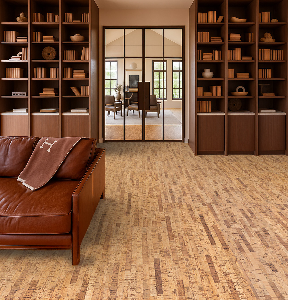 Linea Dark - 7/16&Quot; (11Mm) - Swiss Real Cork Floating (Flin11) Elegant Home Library With Warm Lighting, Wood Shelving, And Dark Linear Cork Flooring For A Refined, Organic Atmosphere.