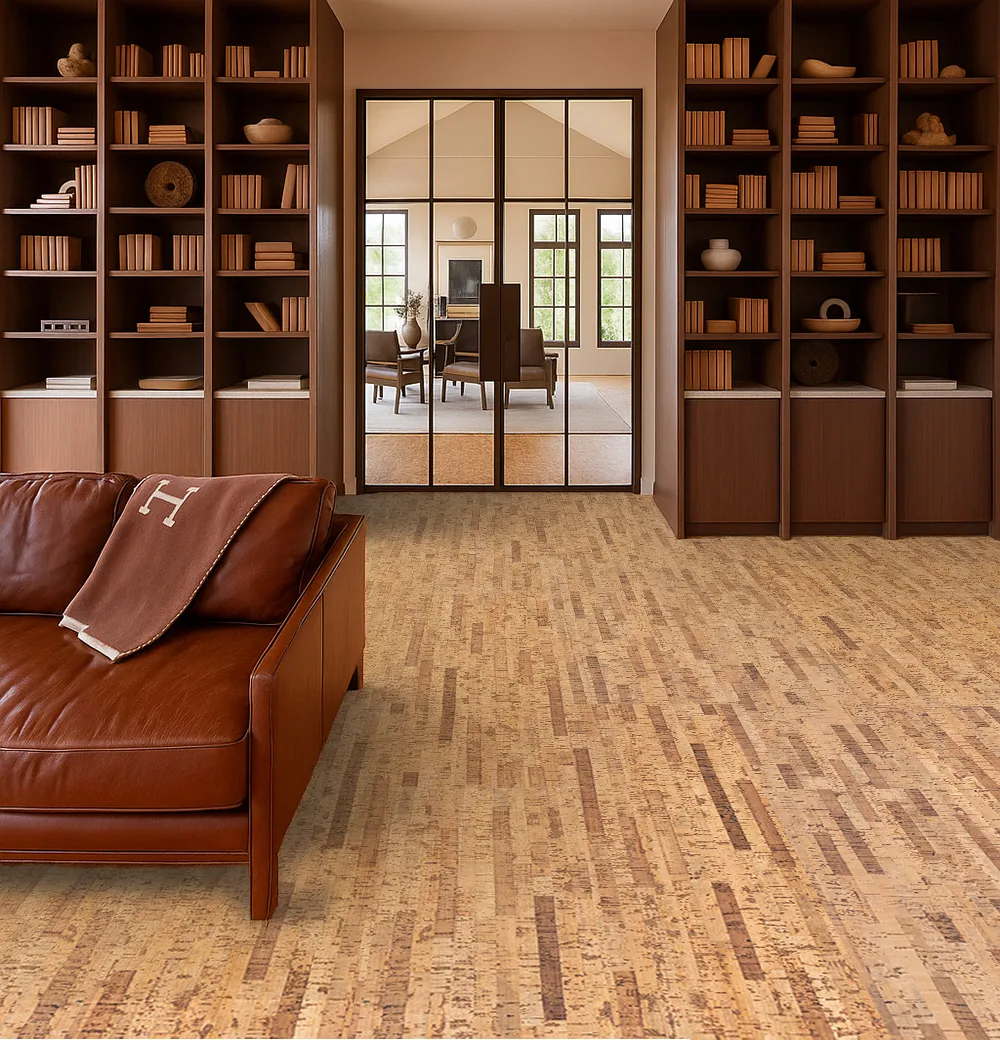 Linea Dark - 7/16&Quot; (11Mm) - Swiss Real Cork Floating (Flin11) Elegant Home Library With Warm Lighting, Wood Shelving, And Dark Linear Cork Flooring For A Refined, Organic Atmosphere.