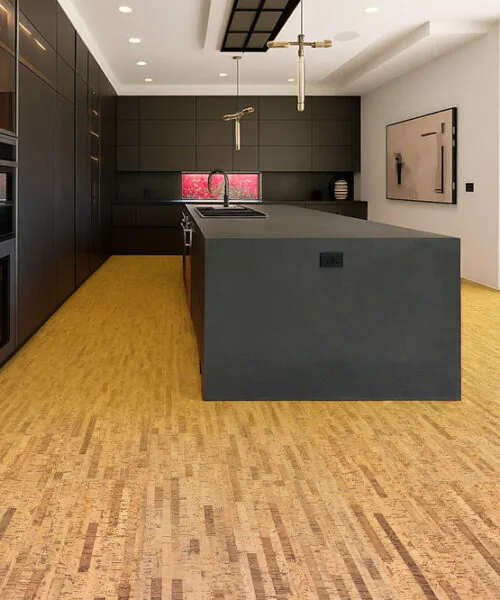 Linea Dark - 7/16&Quot; (11Mm) - Swiss Real Cork Floating (Flin11) Modern Kitchen With Large Island And Linea Dark Swiss Real Cork Floating Flooring, Combining Contemporary Style With Natural Cork Performance.